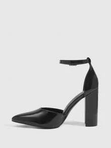 CUCCOO SZL Giày cao gót nữ mũi nhọn đế dày có khóa trang trí, giày bít mũi giả da lộn màu đen thanh lịch, quai ngang mắt cá chân, thích hợp cho mùa hè, lễ tốt nghiệp, dạ hội, du lịch, tiệc tùng, phong cách cá tính, tiệc đêm, đi chơi, mùa xuân, lễ Phục sinh, Giáng sinh. - Gương màu đen - Xem 4