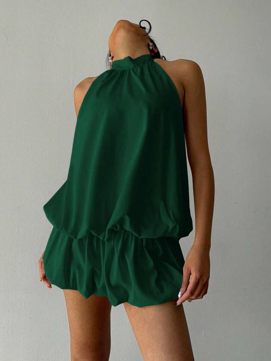 Aloruh Women's Solid Color Pleated Halter Backless Sleeveless Mini Dress - Dark Green - View 1