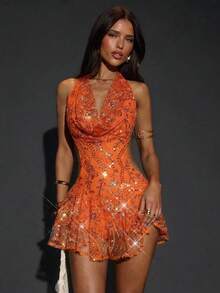 SHEIN BAE 纯绿色优雅串珠刺绣露背系带迷你连衣裙，适合度假、优雅派对、夜生活、宴会、音乐节等场合。 - 橘色 - 查看 8
