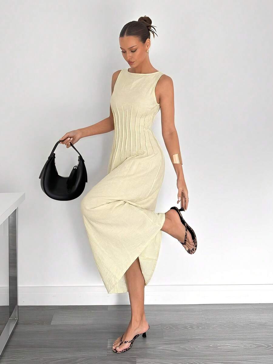 Siren Gaze 新款夏季腰部褶皱A字长裙，显瘦 - 淡黃色 - 查看 1