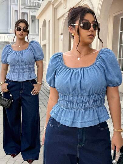 SHEIN ICON Áo sơ mi denim tay ngắn cổ vuông, nhún bèo, màu trơn, cỡ lớn