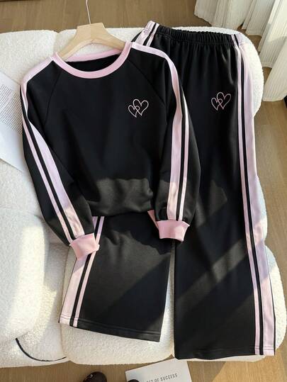 Sparklyn 2pcs Girls Casual Fashion Set, Contrast Color Heart Embroidery, Contrast Ribbon Matching Sports Loose Pants, Fleece Sweatshirt, Casual Sports, Spring Autumn Back To School, Daily Wear, Perfect Outdoor Outfit