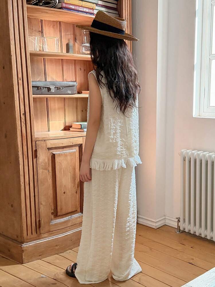 Tween Girl Solid Color Ruffle Collar Sleeveless Shirt And Long Pants Casual Outfit