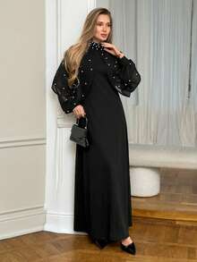 SHEIN Elenzya 圆领收腰A字型拼接珍珠装饰长袖优雅浪漫精致女士连衣裙，适合秋季约会和聚会。 - 黑色 - 查看 3