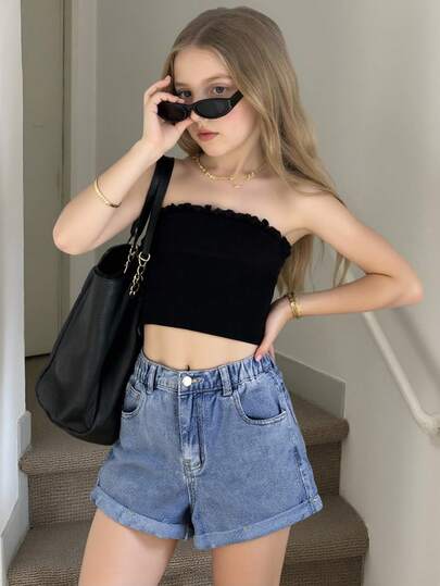 Pantalones vaqueros de niña preadolescente, nueva colección de primavera/verano, shorts vaqueros casuales de niña, pantalones vaqueros lavados en azul claro, ajuste relajado y pierna recta, cómodo denim de algodón, adecuado para uso diario y actividades al aire libre, dobladillo con vuelta en los shorts vaqueros de niña