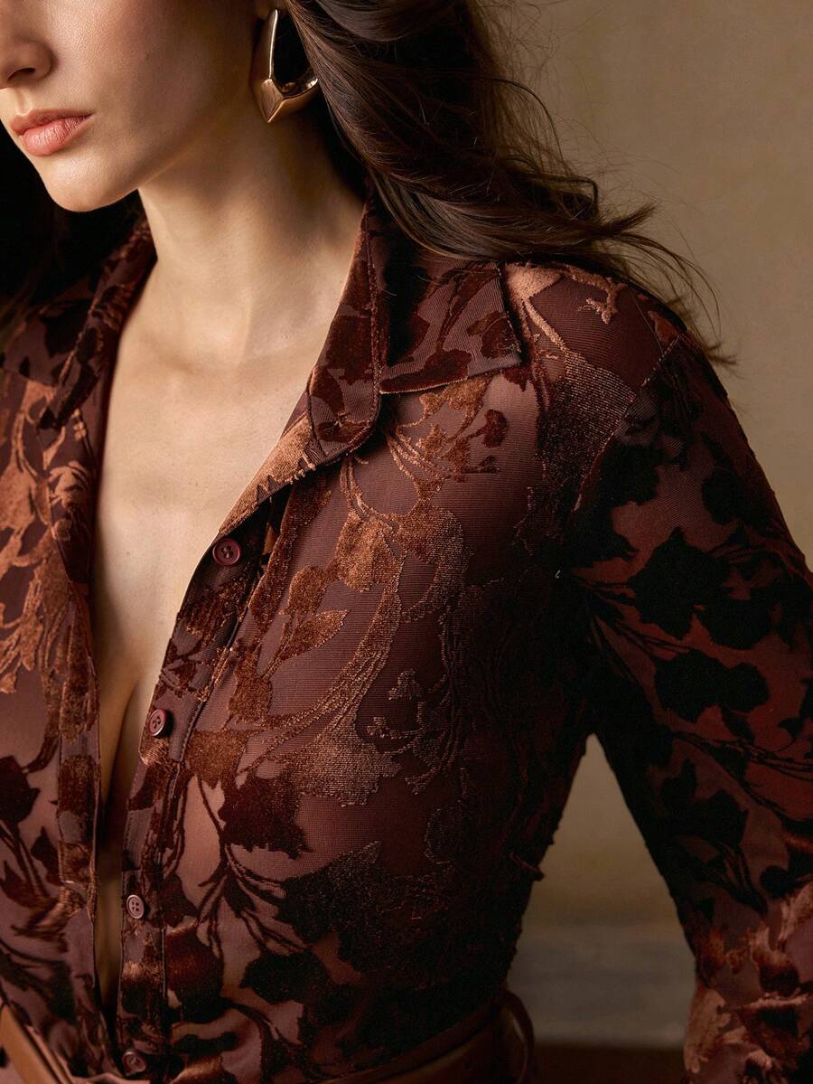 Anewsta Plus Size Soft Velvet Burnout Loose Casual Rust Shirt (Skin-Friendly & Soft) - Rust Brown - View 1