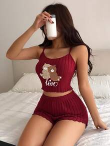 ZzzCrew Süßer Bären-Muster rotes Strick-Camisole & Shorts Pyjama Set für Frauen - Bordeaux - Übersicht 5