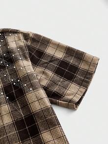 NEON BLANC Men's Fashion Plaid Front Button Rhinestone Embellished Short Sleeve Shirt, Summer - Brown - View 4