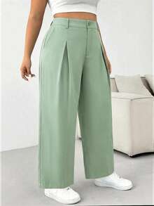 SHEIN EZwear 大码纯色纽扣休闲阔腿裤，适合毕业季、返校季、教师等场合，秋冬季女装 - 薄荷綠 - 查看 4