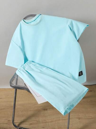 Mirajuku 2pcs Teenage Boys' Turquoise Casual Vacation Fashion Sports Short Sleeve T-Shirt And Shorts Set, 3D Letter Print Minimalist Sports Outfit, Summer