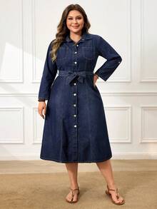 Breezaya Women's Long Sleeve Single-Breasted Casual Denim Shirt Dress - Dark Wash - View 1