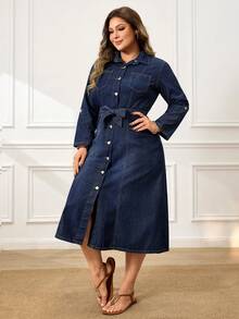 Breezaya Women's Long Sleeve Single-Breasted Casual Denim Shirt Dress - Dark Wash - View 6