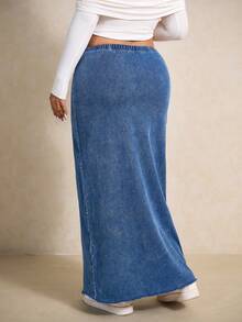 Elaquor Váy denim dài dáng ôm, chất liệu denim mài, cỡ lớn, kiểu dáng thường ngày. - Rửa nhẹ - Xem 3