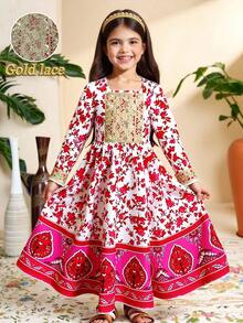 Sparklyn Vêtement arabe traditionnel Jalabiya pour filles, printemps/été/automne, imprimé floral rouge/rose, manches longues, convient aux filles mignonnes et élégantes, de haute qualité, adapté pour le quotidien, l'école, les sorties, les fêtes, les vacances, le Nouvel An - Rose vif - Voir 6