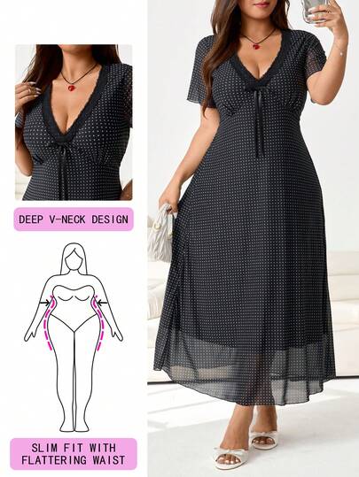 Solflare Plus Size Women's Polka Dot Print Patchwork Lace Trim Bow Decor Short Sleeve Elegant Dress, Spring/Summer