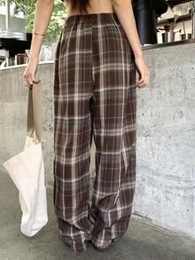 Dazy Tall Women's Tall Plaid Straight Leg Casual Pants