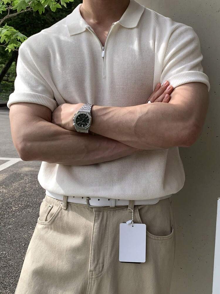 Men's Solid Color Polo Neck Knit Top, Summer