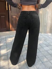 SHEIN PETITE 女士休闲日常斜插口袋宽松直筒牛仔裤 - 黑色 - 查看 2