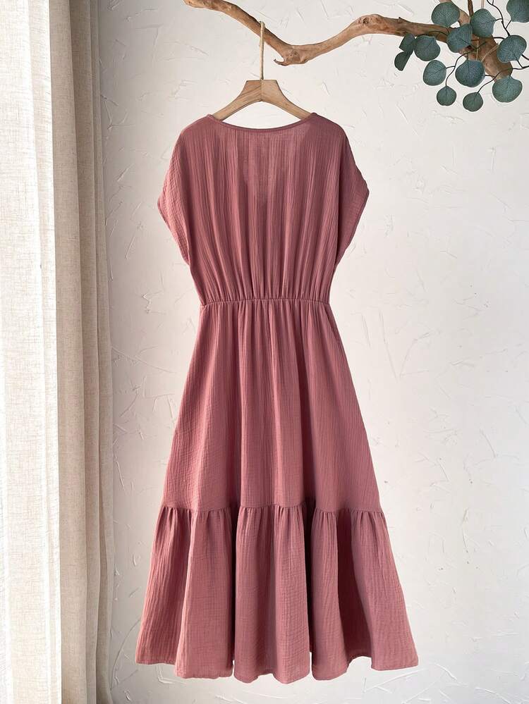 Plus Size Women's Summer Casual Vacation Country Short Sleeve Solid Color Mid-Length Dress, Comfortable & Casual/Summer,Comfortable And Breathable,Summer Holiday,Spring Break Outfits ,Vacation Outfits Women ,Holiday Outfits For Women,Going Out Outfits,2026 New Clothes,Simple And Fashionable For Everyday Wear,Casual Dresses For Women,Flowy Dress ,Suitable For Summer, Vacation, Commute, Daily Wear Cottagecore Dress Solid Color Dress