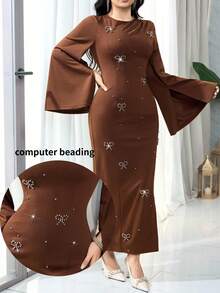 Feyla Women's Elegant Pearl Decor Waist Cinched Long Dress - Brown - View 2