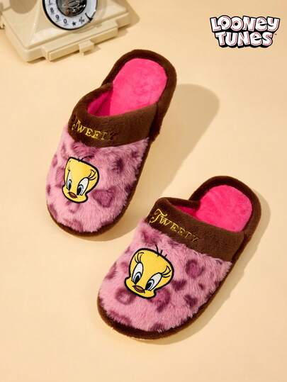 LOONEY TUNES X Joivida Leopard-Print Plush Slippers - Hand-Embroidered Alphabet Flat Sole Anti-Slip Indoor Shoes For Students Dormitory Winter Women's Thick-Soled Blue Warm Cotton Slippers For Office Carpet Shoes