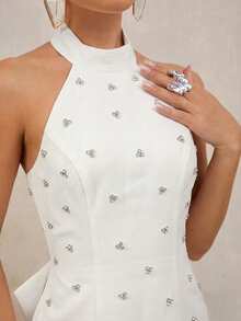 Lumalex 春夏泳装泳衣度假波西米亚风海滩户外高定层次感婚礼季宴会成人礼海滩海滨节日老钱婚礼订婚成人礼玫瑰情人节约会纯色水钻装饰紧身迷你连衣裙带蝴蝶结女装 - 白色 - 查看 7