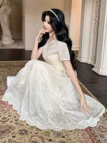 DAZY Jacquard Pleated Cinched Waist Dress, French Style Long Dress For Women - Beige - View 2