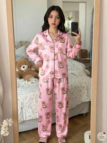 少女可爱水豚卡通图案休闲简约圆领长袖长裤家居服套装，适合秋季穿着 - 粉色 - 查看 1