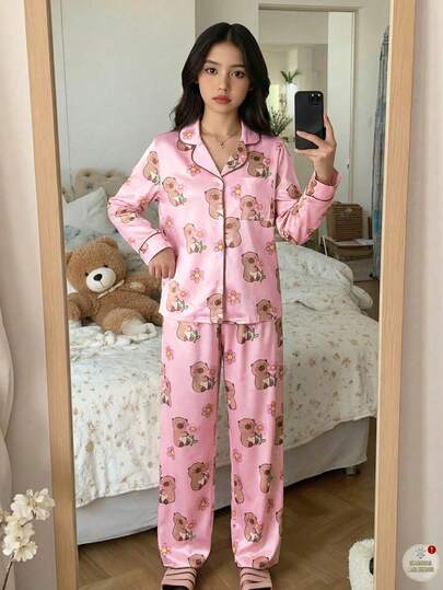 SHEIN 少女可爱水豚卡通图案休闲简约圆领长袖长裤家居服套装，适合秋季穿着