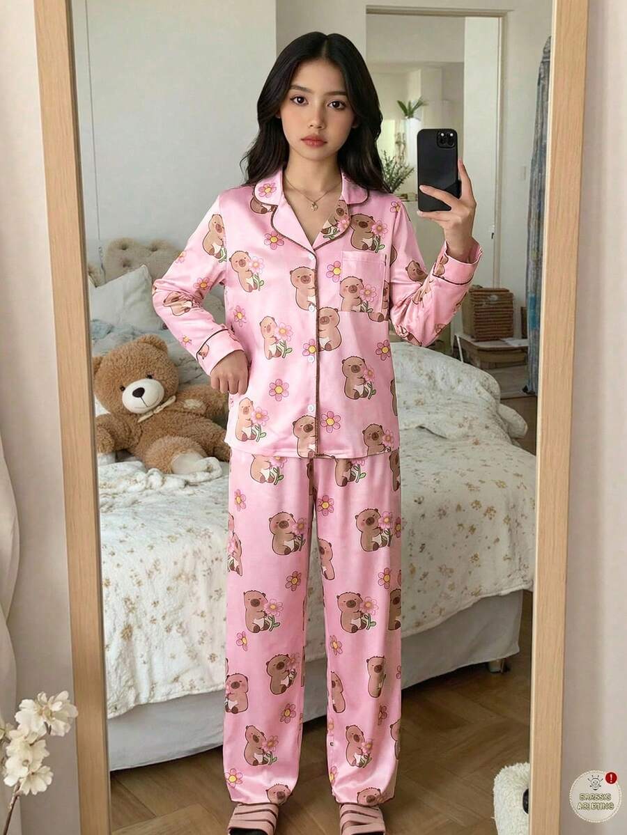 少女可爱水豚卡通图案休闲简约圆领长袖长裤家居服套装，适合秋季穿着 - 粉色 - 查看 1