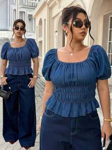 SHEIN ICON Plus Size Solid Color Square Neck Ruched Bust Short Sleeve Denim Blouse - Medium Wash - View 1