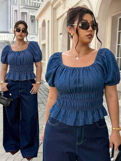 SHEIN ICON Plus Size Solid Color Square Neck Ruched Bust Short Sleeve Denim Blouse