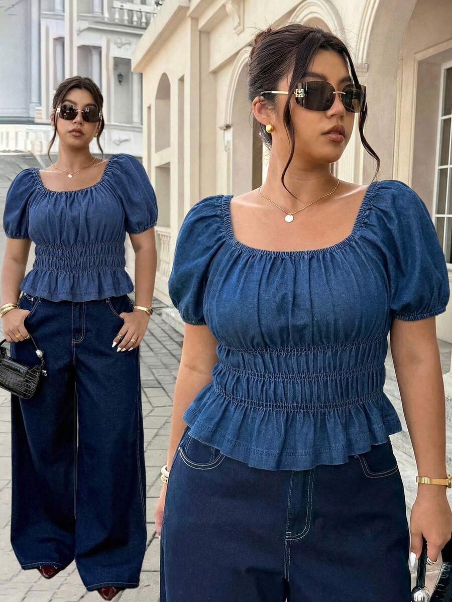 SHEIN ICON Plus Size Solid Color Square Neck Ruched Bust Short Sleeve Denim Blouse - Medium Wash - View 1