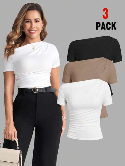 Ellevyn Camiseta de mujer de unicolor con pliegues, ajuste ceñido y hombro asimétrico de manga corta