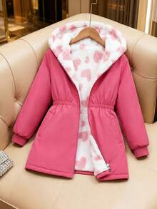 少女休闲可爱纯色梭织收腰连帽长袖双面穿羊羔绒保暖外套，秋冬季 - 粉色 - 查看 2