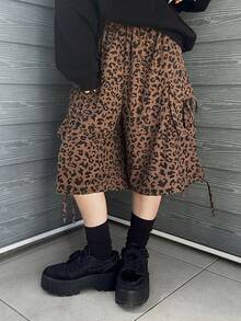 FRIFUL Women's Elastic Waist Leopard Print 3D Pocket Cargo Shorts - Brown - View 5