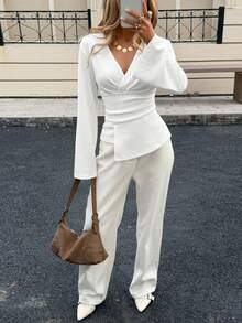 Siren Gaze Deep V Pleated Long Sleeve Fitted Women T-Shirt, Fashion Commuter Waist Pleated Asymmetric Hem Flare Sleeve V-Neck Ladies Top, Autumn/Winter Blouse, Elegant Pleated Women Top Spring - White - View 5