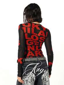 SUMWON WOMEN Blusa de manga larga con malla transparente, estampado de letras tipográficas, cuello redondo, camiseta de declaración de moda - Negro - Ver 2