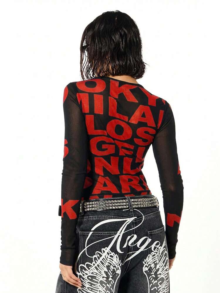 SUMWON WOMEN Long Sleeve Mesh Typography Print Top