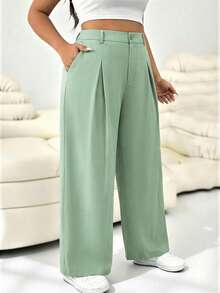 SHEIN EZwear 大码纯色纽扣休闲阔腿裤，适合毕业季、返校季、教师等场合，秋冬季女装 - 薄荷綠 - 查看 3