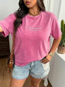 SHEIN EZwear 大码复古做旧棉质刺绣宽松T恤 - 玫紅色 - 查看 4