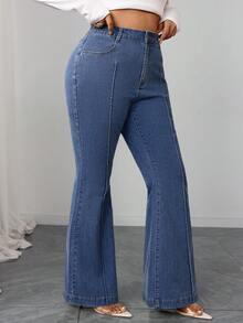 Elenzga Pantalones acampanados de mezclilla elástica de color azul medio elegantes y cómodos para mujer de talla grande - Azul lavado medio - Ver 3