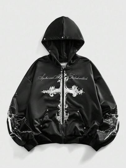 Goth Felpa con cappuccio casual da uomo con stampa a croce, primavera/autunno