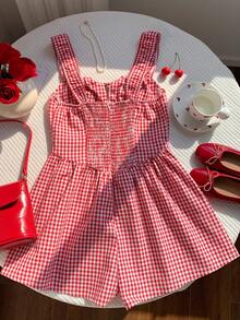 Comfortcana 女士格子印花系带无袖连体裤 - 紅色 - 查看 2