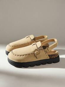 Solecia 女士休闲百搭铆钉装饰搭扣厚底鞋 - 杏色 - 查看 2