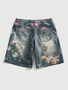 ROMWE MEN Quần short denim nam dáng casual, túi xéo, in họa tiết hoa, thích hợp mặc mùa hè. - Màu xanh lam - Xem 9