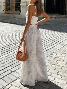 Pariaura 2026新款女士蓝白碎花阔腿裤 - 蝴蝶结腰身褶皱细节，休闲办公简约风格 - 彩色 - 查看 2