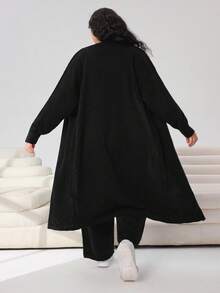 Solflare Plus Size Casual Solid Color Button-Front Cardigan And Pants Set, Autumn/Winter - Black - View 2