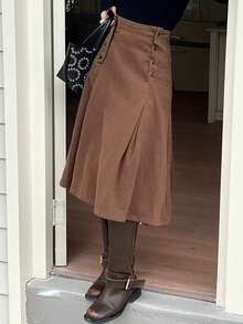 DAZY Women's Pleated Long Casual Denim Skirt - Brown - View 4