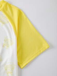 SpongeBob SquarePants | SHEIN Plus Size Comfortable Cartoon Pattern Colorblock Raglan Sleeve Nightgown, Summer - Yellow - View 4